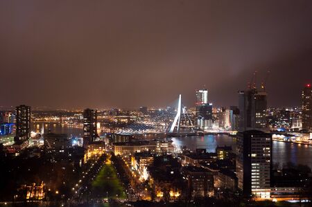 View of Rotterdam city, with Erasmus Bridge from the top of Euromastのeditorial素材