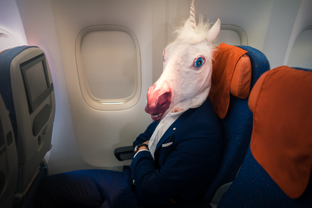 Young funny man in comical mask travels by plane. Unusual passenger in elegant suit sits alone inside the aircraft and ready to take off. Freaky traveler in air voyage. Unicorn enjoys his flyingの写真素材