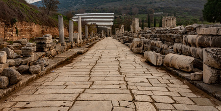 Majestic view from columnar ancient road, Turkey. View of the ancient city from the top of the Ephesus Theater.の写真素材
