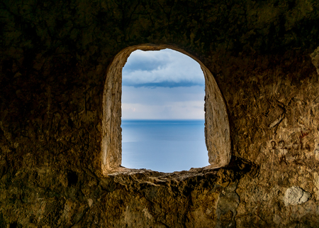 Kayakoy Chapel window in historcial Lycian village of Kayakoy, Fethiye, Mugla, Turkey. Ghost Town...