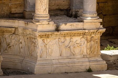 Detail of stage building from Hierapolis Ancient City Theater. Pamukkale, Denizli, Turkey. Relief...