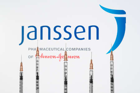 Izmir, Turkey - February 21 2021: Coronavirus vaccine concept and background. Janssen vaccine syringes isolated on white background. Covid-19, 2019-nCov pandemic.のeditorial素材