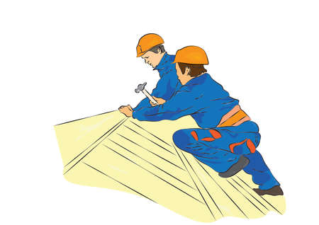 workers with a hammer on the roofのイラスト素材