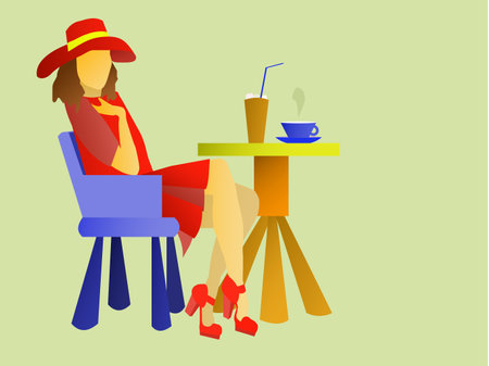 a young woman in the street cafeのイラスト素材