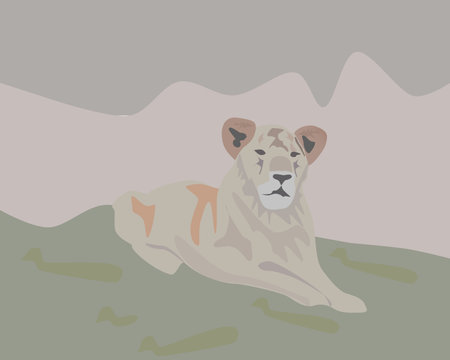 a big lioness lies in African safariのイラスト素材