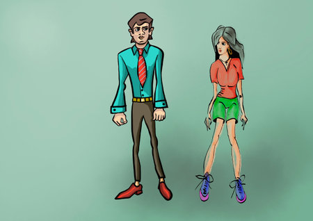 illustration of a man and a woman in fashion clothes.の写真素材