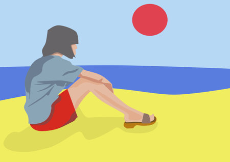 Girl sitting on the beach. Vector illustration in a flat style.のイラスト素材
