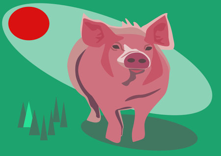 Illustration of a pig on a green background with the sun.