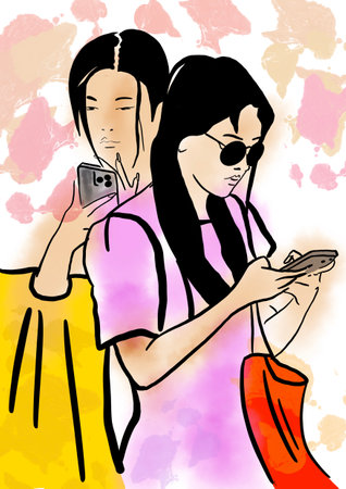 Two young women with mobile phones in hand on abstract watercolor backgroundの写真素材