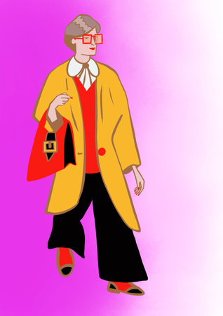 Vector illustration of a woman in a coat and glasses on a pink backgroundの写真素材