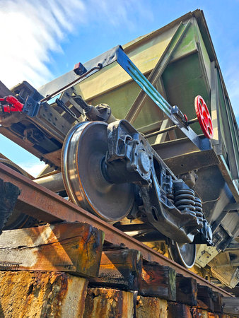 Cargo freight train, close-up, blue sky