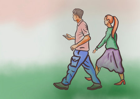 Illustration of a man and woman walking with a mobile phone.の写真素材