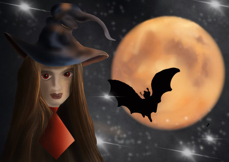 Halloween witch, flying bat on moonの写真素材