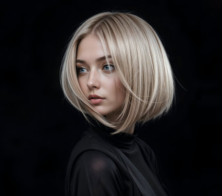 Portrait of a beautiful young woman with short blonde hair on black backgroundの素材