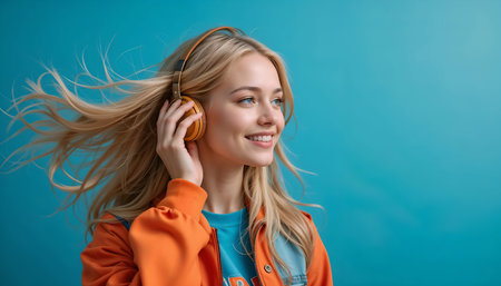 Portrait of young woman with headphones listening to music on blue backgroundの素材