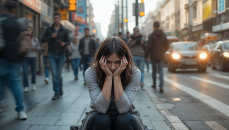 Woman sitting on a busy city sidewalk, overwhelmed by anxiety and panic in the midst of a crowdの素材