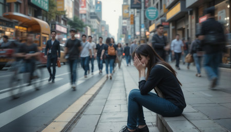 Woman sitting on a busy city sidewalk, overwhelmed by anxiety and panic in the midst of a crowdの素材