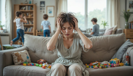 Stressed mother sitting on a couch, surrounded by her playful children in a busy home environmentの素材