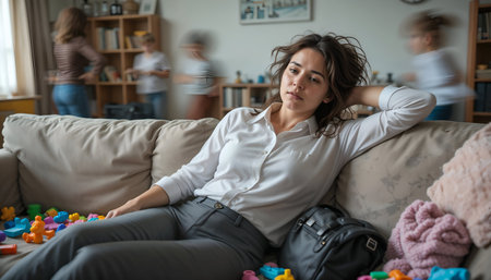 Stressed career mother sitting on the couch, trying to relax amidst her children playing in a busy homeの素材
