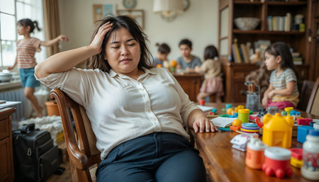 Stressed career mother sitting on the couch, trying to relax amidst her children playing in a busy homeの素材