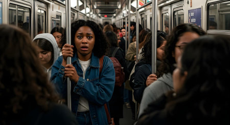 black woman having a panic attack in a crowded subway, gripping the pole for support while feeling distressed.の素材