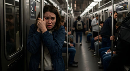 A woman having a panic attack in a crowded subway, gripping the pole for support while feeling distressed.の素材