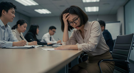 Woman feeling overwhelmed and stressed during a meeting at the office, holding her head in frustrationの素材