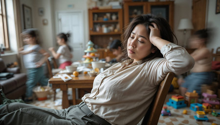 Stressed career mother sitting on the couch, trying to relax amidst her children playing in a busy homeの素材