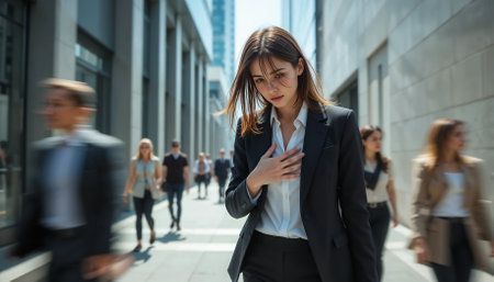 A young businesswoman feeling overwhelmed with anxiety in a busy urban street, experiencing a panic attack.の素材
