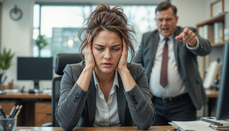 A woman feeling overwhelmed at work, covering her ears while being yelled at by her boss in the office.の素材