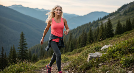 A joyful senior woman with a backpack is hiking uphill in a scenic mountain setting at sunrise.の素材