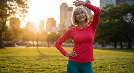 A cheerful senior woman in vibrant red athletic wear stretches in a park at sunrise.の素材