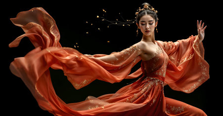 A captivating image of a woman in a flowing, orange, traditional Asian-style dress.の素材