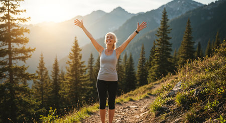 A senior woman with arms outstretched, smiling, stands on a mountain trail at sunrise.の素材
