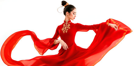 A captivating image of a woman in a flowing red traditional Asian outfit, likely Chinese or Vietnamese.の素材
