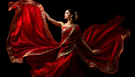 A stunning studio shot of a woman in a vibrant red saree, draped dramatically with flowing fabric against a black backdrop.の素材