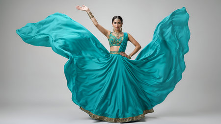 A captivating image of a woman gracefully posing in a flowing teal saree, showcasing the fabric's movement and the intricate details of the garment.の素材