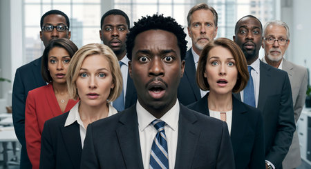 A group shot of diverse business professionals, all wearing business suits and expressing astonishment or shock.の素材