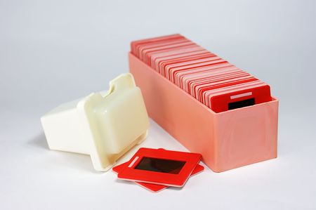 archive of old slides in a boxの写真素材