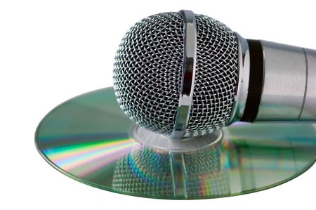 microphone is on compact disc isolated on whiteの写真素材