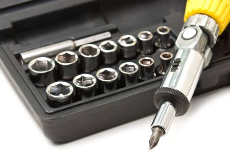 Screw driver and spanner kit isolated  on a white backgroundの写真素材