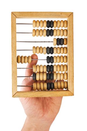 hand and a wooden Abacus isolatedの写真素材