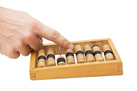 hand and a wooden Abacus isolated on  white background