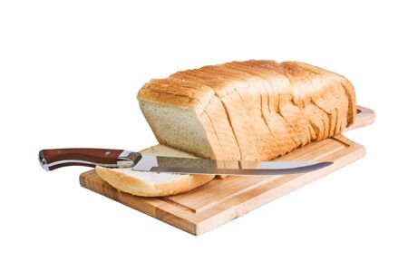 sliced bread and knife  isolated on white backgroundの写真素材