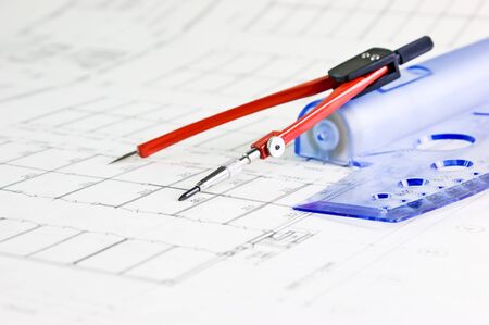 Architectural drawing with a ruler and compassの写真素材