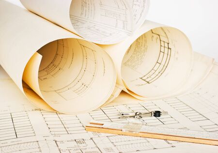 Old architectural drawing with a ruler and compassの写真素材