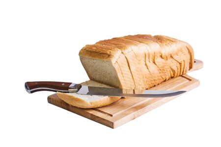 sliced bread and knife  isolated on white backgroundの写真素材