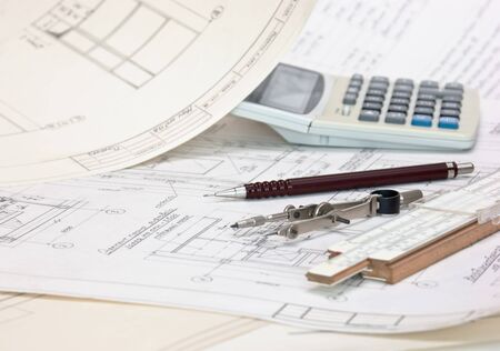 old technical drawings and slide ruleの写真素材