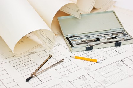 old technical drawings and slide ruleの写真素材
