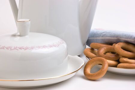 tea set and bagels on a plateの写真素材
